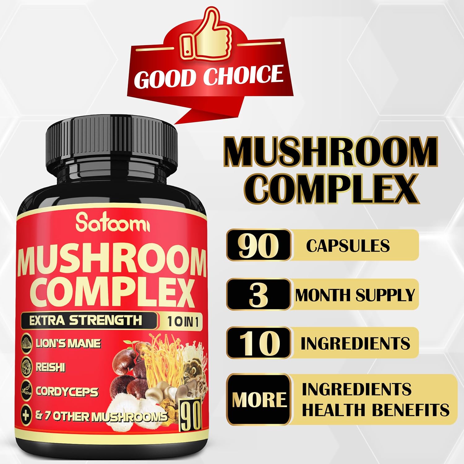 Premium 10in1 Mushroom Supplement Complex - Lions Mane, Cordyceps, Reishi, Chaga - Memory and Focus Brain Supplements - 90 Day Supply