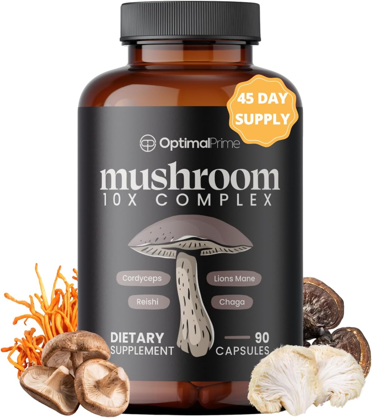 Premium 10x Mushroom Complex Supplement for Immunity, Energy, Mood, and Focus - Natural Health Booster, 90 Capsules
