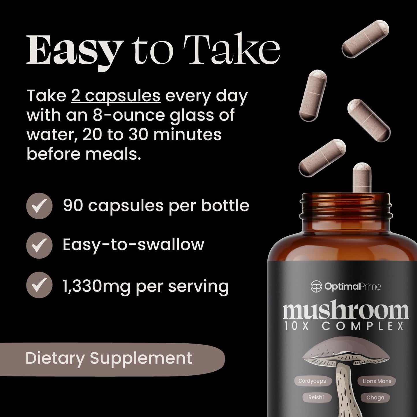 Premium 10x Mushroom Complex Supplement for Immunity, Energy, Mood, and Focus - Natural Health Booster, 90 Capsules