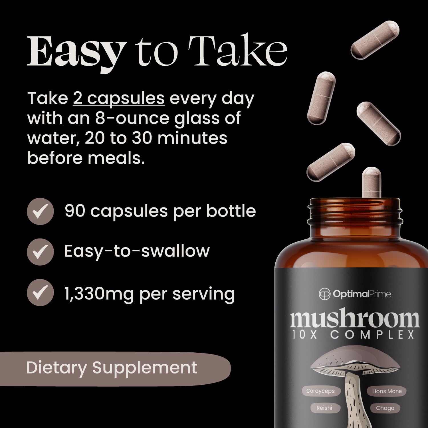 Premium 10x Mushroom Complex Supplement for Immunity, Energy, Mood, and Focus - Natural Health Booster, 90 Capsules