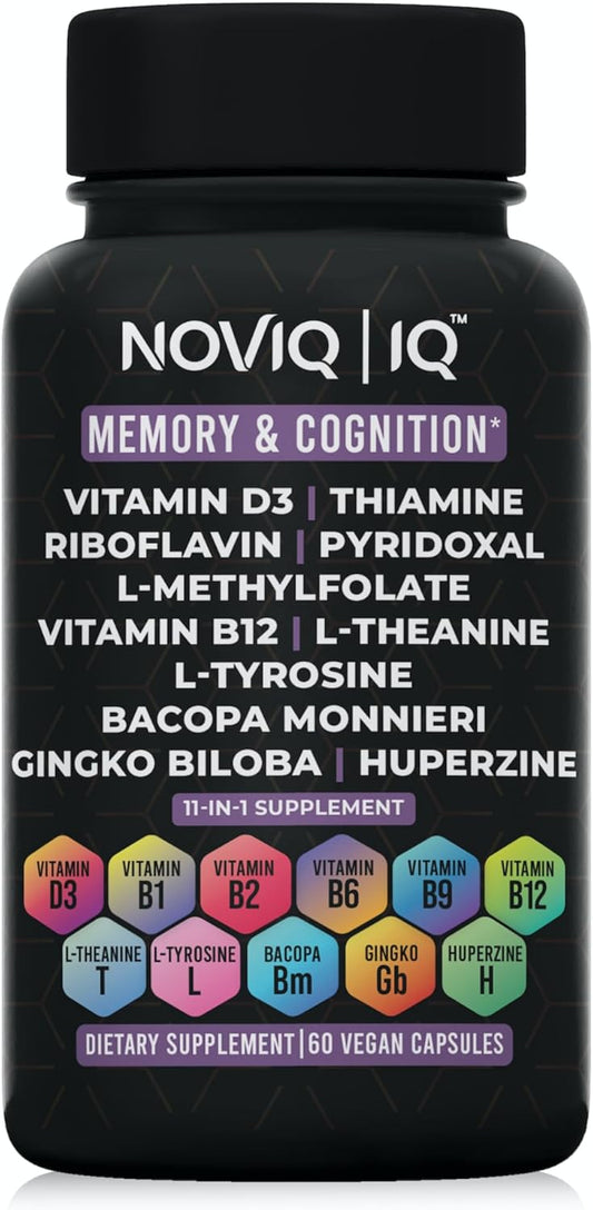Premium 11-in-1 Nootropic Supplement for Memory & Cognition - Ginkgo, Bacopa, Huperzine, L-Theanine, L-Tyrosine, B-Complex - 60 Count