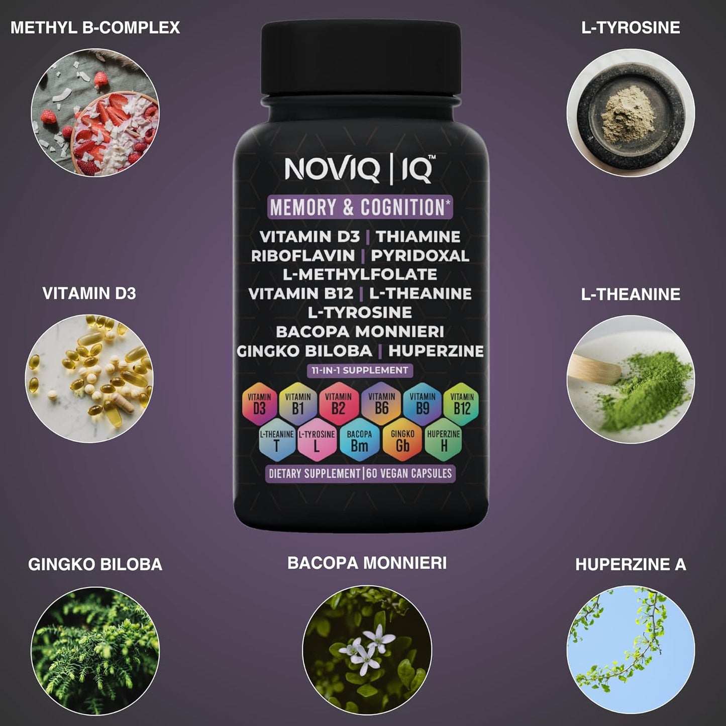 Premium 11-in-1 Nootropic Supplement for Memory & Cognition - Ginkgo, Bacopa, Huperzine, L-Theanine, L-Tyrosine, B-Complex - 60 Count