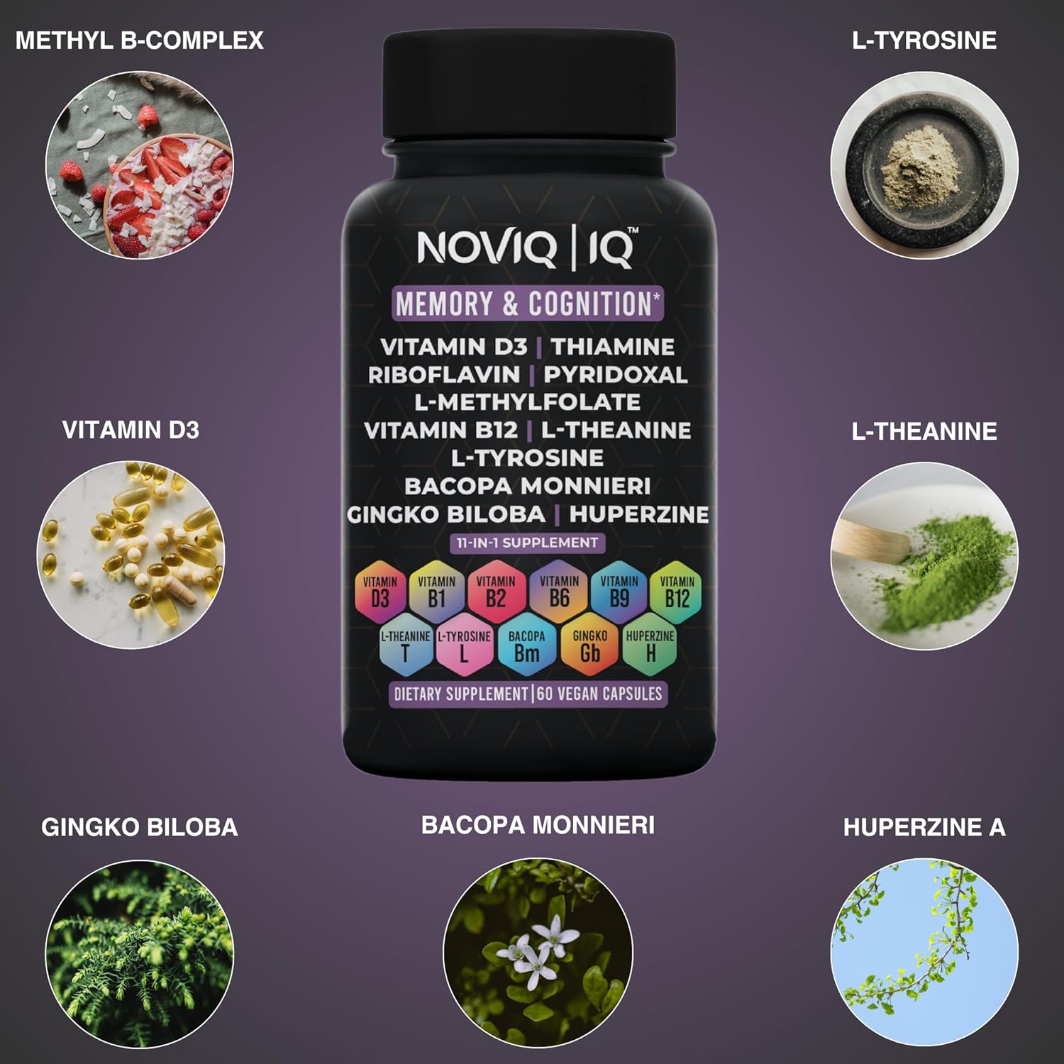 Premium 11-in-1 Nootropic Supplement for Memory & Cognition - Ginkgo, Bacopa, Huperzine, L-Theanine, L-Tyrosine, B-Complex - 60 Count
