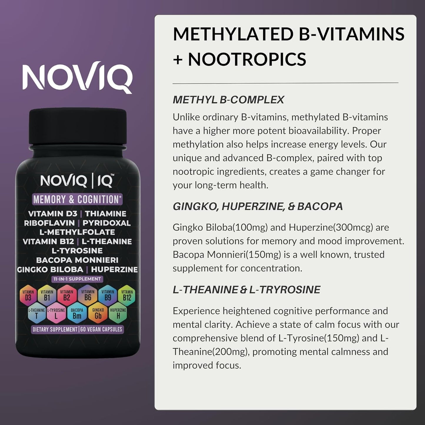 Premium 11-in-1 Nootropic Supplement for Memory & Cognition - Ginkgo, Bacopa, Huperzine, L-Theanine, L-Tyrosine, B-Complex - 60 Count