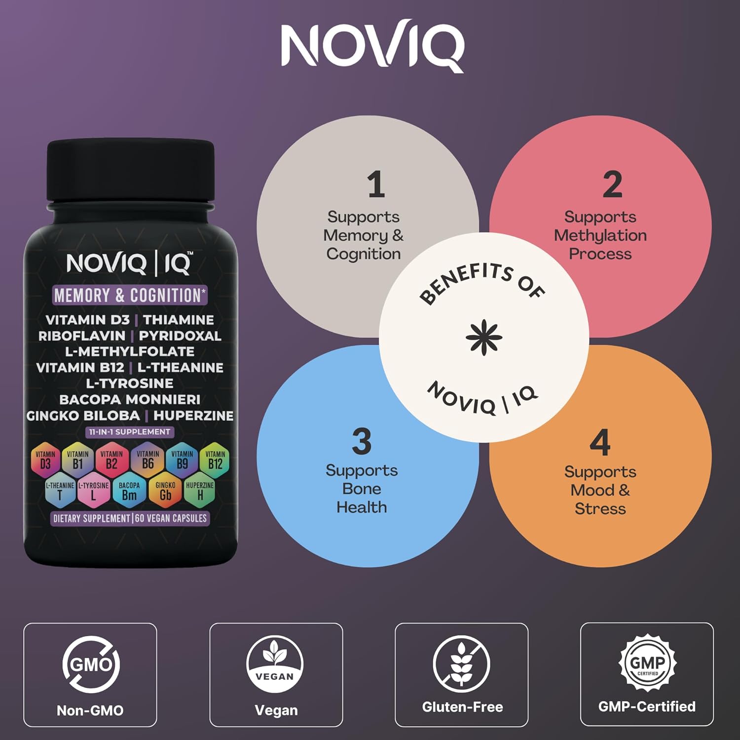 Premium 11-in-1 Nootropic Supplement for Memory & Cognition - Ginkgo, Bacopa, Huperzine, L-Theanine, L-Tyrosine, B-Complex - 60 Count