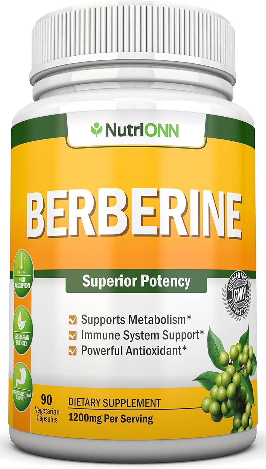 Premium 1200mg Berberine HCL Supplement - 90 Capsules for Immune Health - Vegetarian Formula - High Potency NutriONN Berberine