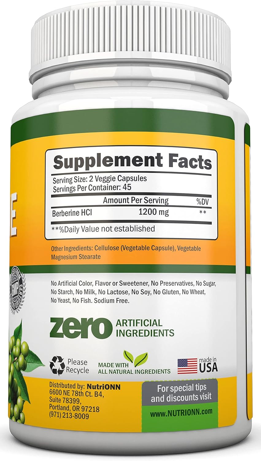 Premium 1200mg Berberine HCL Supplement - 90 Capsules for Immune Health - Vegetarian Formula - High Potency NutriONN Berberine