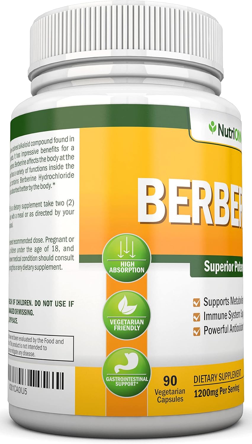 Premium 1200mg Berberine HCL Supplement - 90 Capsules for Immune Health - Vegetarian Formula - High Potency NutriONN Berberine