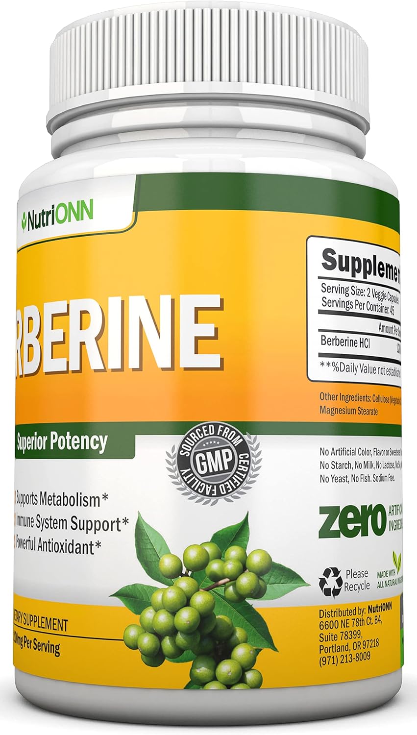 Premium 1200mg Berberine HCL Supplement - 90 Capsules for Immune Health - Vegetarian Formula - High Potency NutriONN Berberine