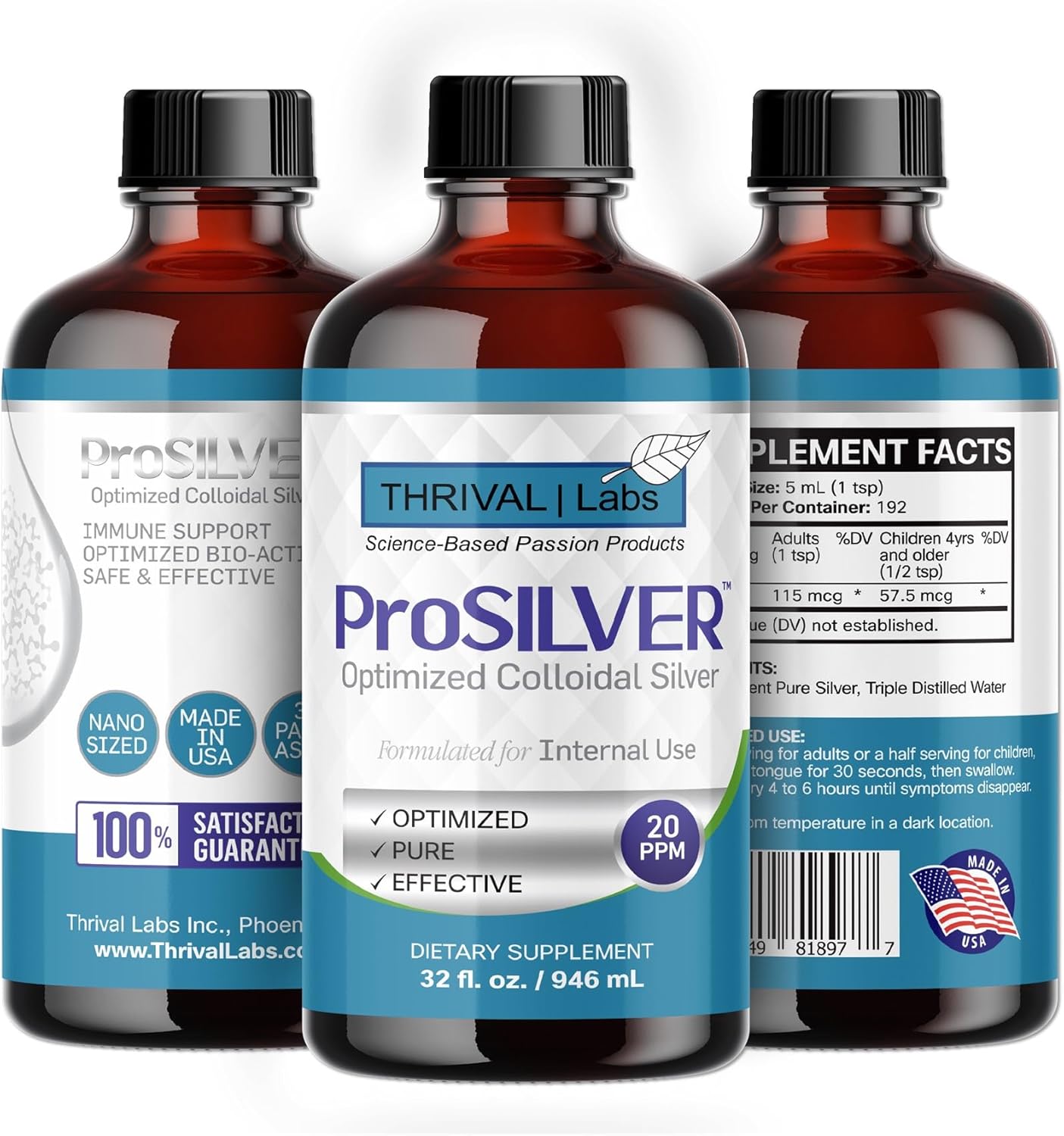 Premium 20 PPM Colloidal Silver Liquid (32oz) for Immune Support - Thrival Labs