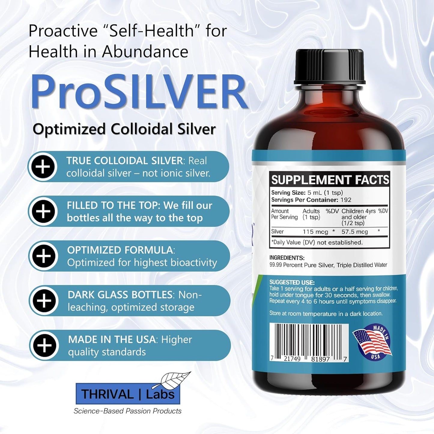 Premium 20 PPM Colloidal Silver Liquid (32oz) for Immune Support - Thrival Labs