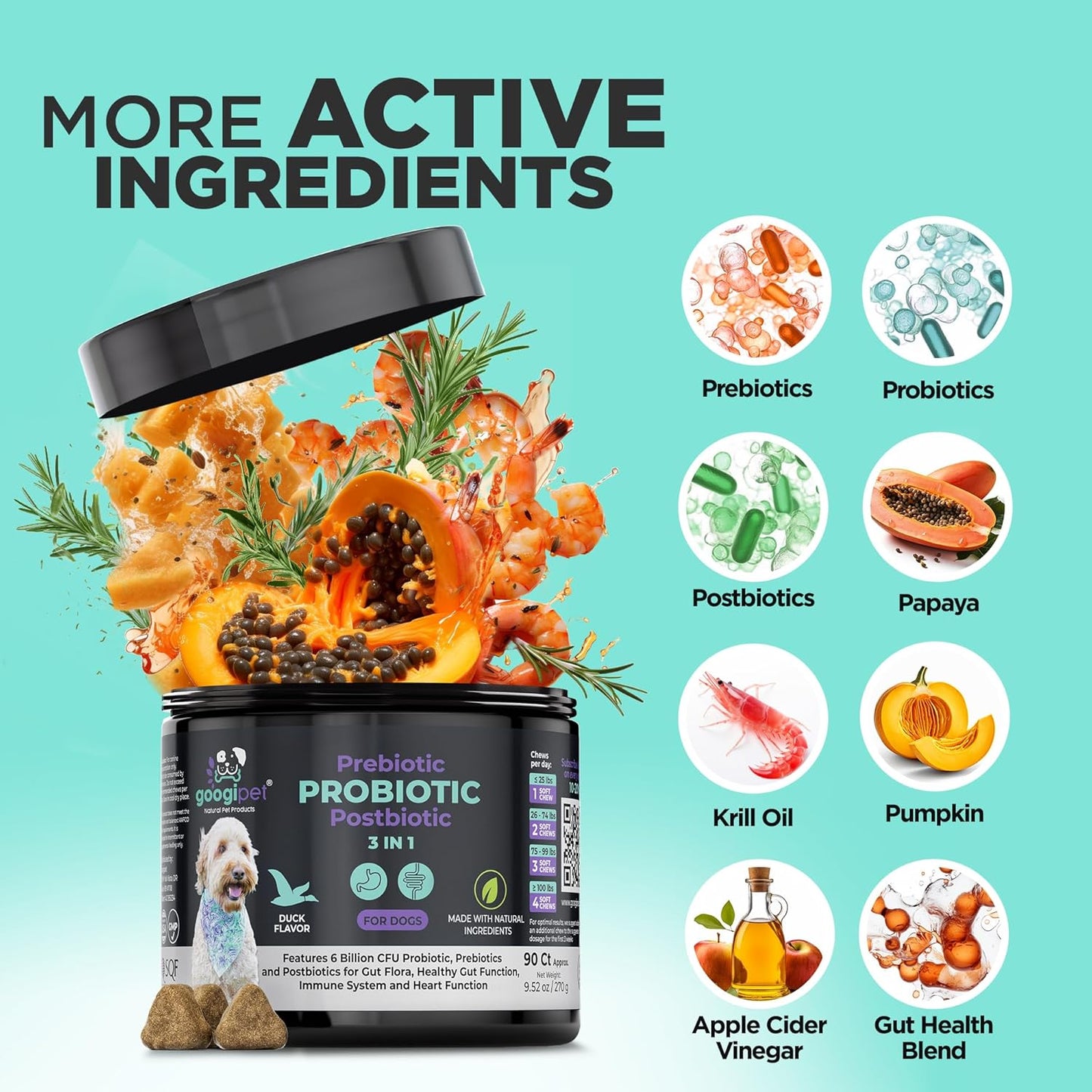 Premium 3-in-1 Probiotics for Dogs with Digestive Enzymes & Prebiotics - Natural Pet Supplement for Dog Diarrhea, Constipation, Allergies & Immunity - Googipet Dog Probiotic Chews