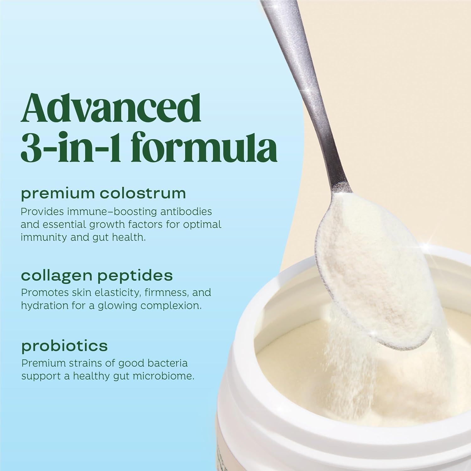 Premium 40% IgG Colostrum Powder for Gut Health, Immune Support, Hair Growth - Gluten & Sugar Free, Unflavored Beauty Supplement - 25 Servings