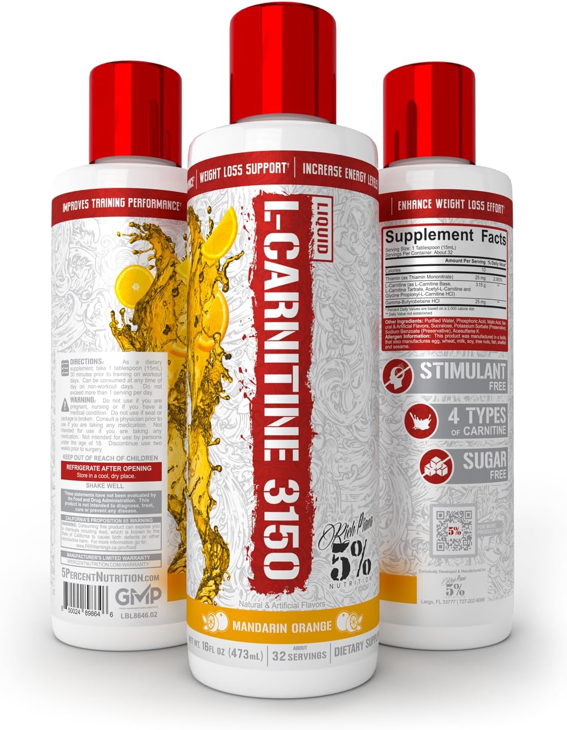 Premium 5% Nutrition Rich Piana Liquid L-Carnitine 3150 with 4 Source Blend and GBB for Ultimate Performance (Mandarin Orange)