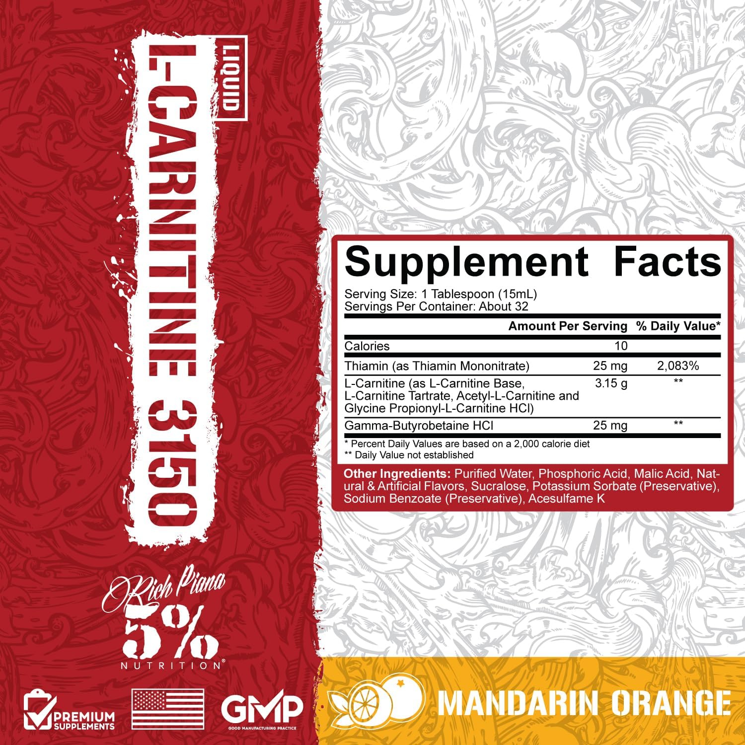Premium 5% Nutrition Rich Piana Liquid L-Carnitine 3150 with 4 Source Blend and GBB for Ultimate Performance (Mandarin Orange)