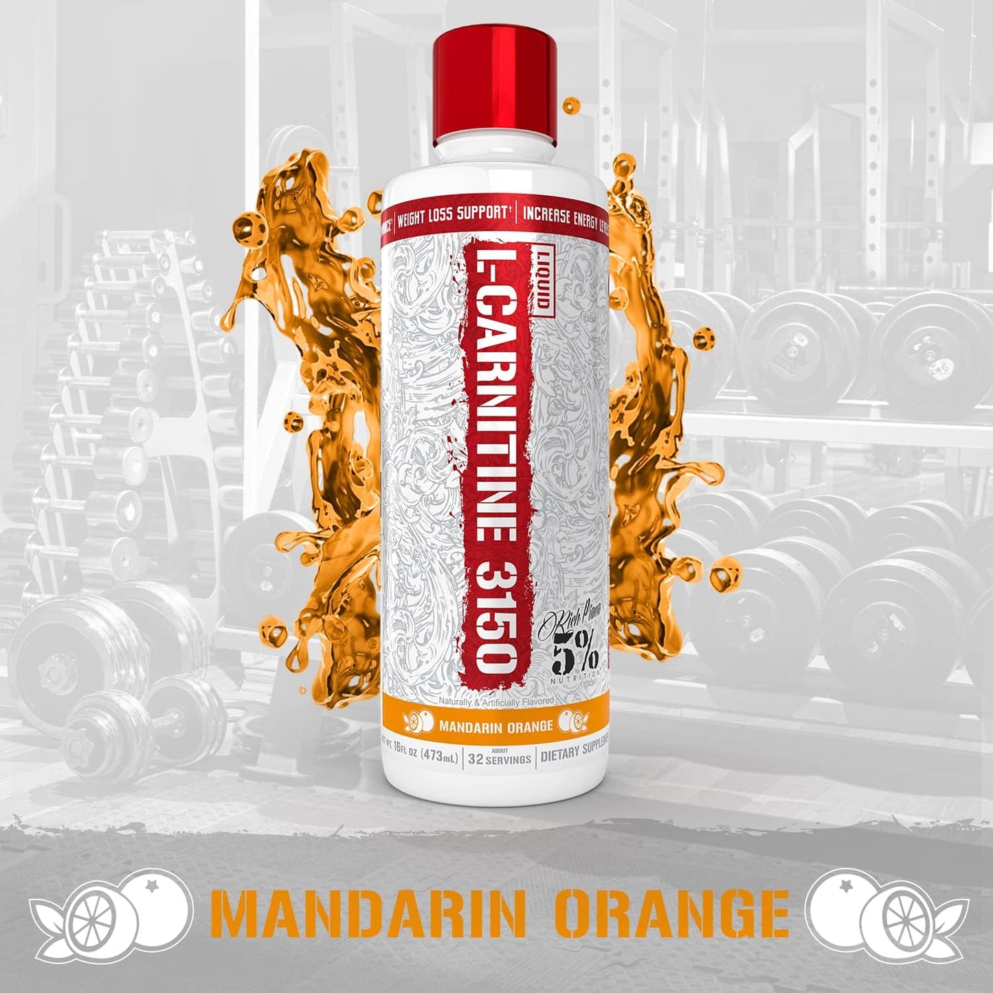 Premium 5% Nutrition Rich Piana Liquid L-Carnitine 3150 with 4 Source Blend and GBB for Ultimate Performance (Mandarin Orange)