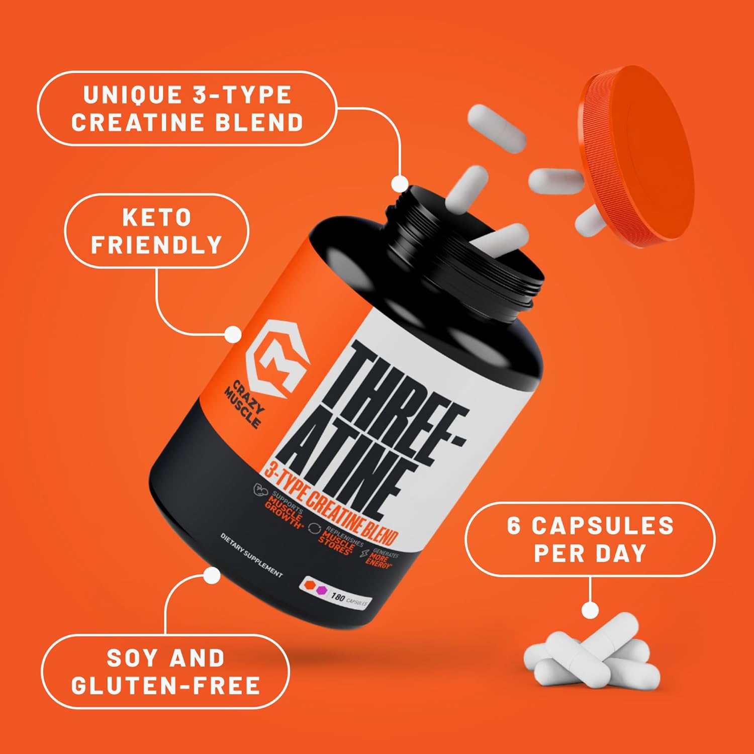Premium 5g Creatine Capsules for Muscle Mass Gain, High Absorption 3X ThreeAtine Pre Workout Pills for Optimum Performance, 180 Capsules for Men and Women