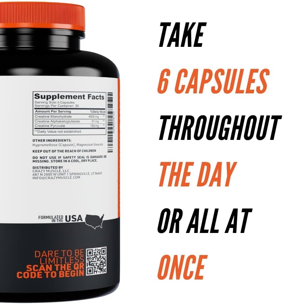 Premium 5g Creatine Capsules for Muscle Mass Gain, High Absorption 3X ThreeAtine Pre Workout Supplement, Optimal Performance for Men and Women, 180 Capsules