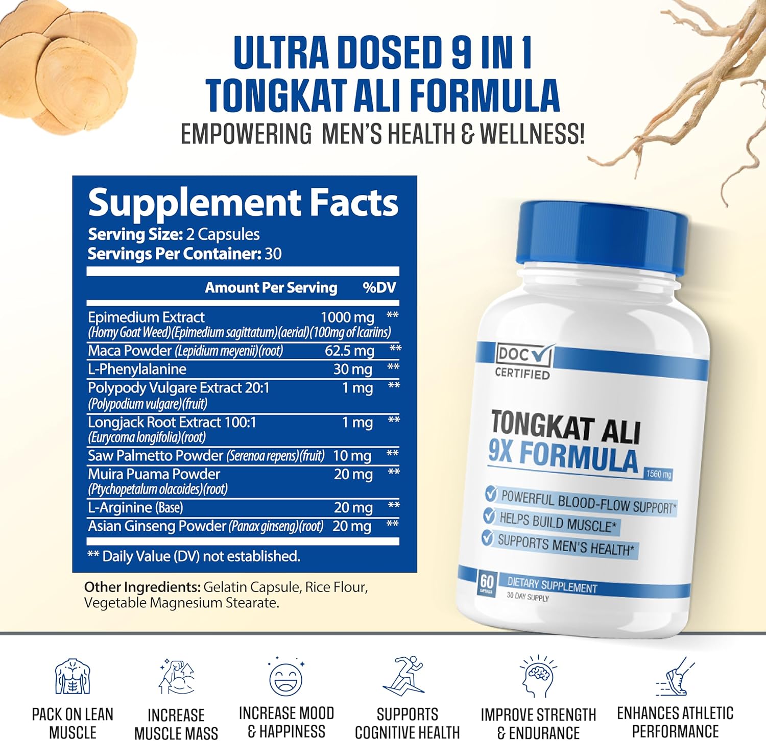 Premium 9-in-1 Tongkat Ali Supplement for Mood, Stamina, and Blood Flow - 60 Capsules | Doc Certified, USA Made, 3rd Party Tested
