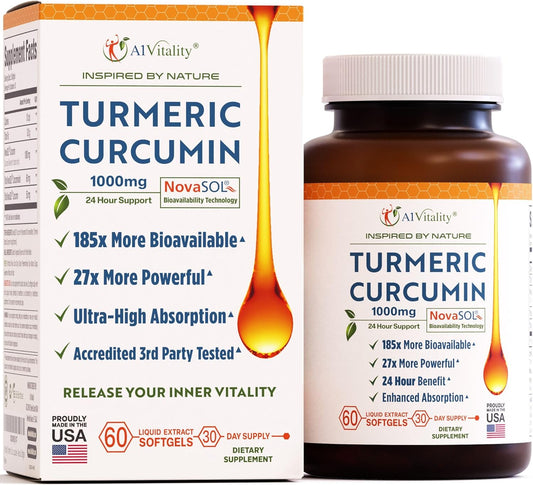 Premium A1Vitality Turmeric Curcumin NovaSOL 1000mg Softgels - Enhanced Joint Support Formula - 185x More Bioavailable - Natural Supplements