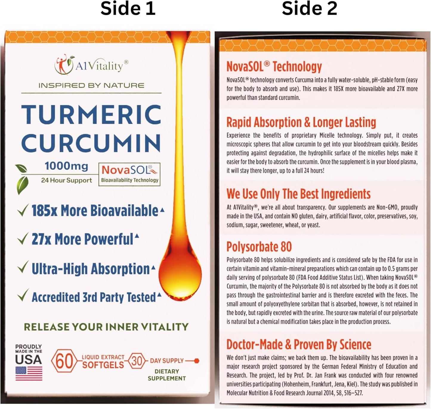 Premium A1Vitality Turmeric Curcumin NovaSOL 1000mg Softgels - Enhanced Joint Support Formula - 185x More Bioavailable - Natural Supplements