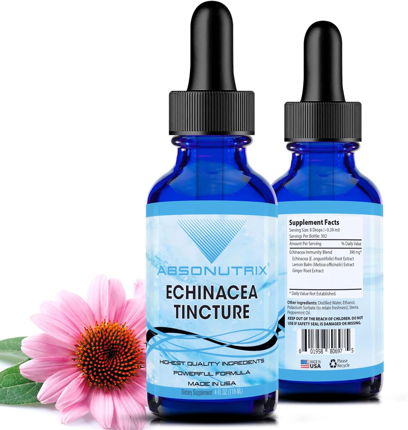 Premium Absonutrix Echinacea Tincture 390mg - 4oz Liquid, 302 Servings - Made in USA - Quality Ingredients - Non-GMO - Quick Absorption