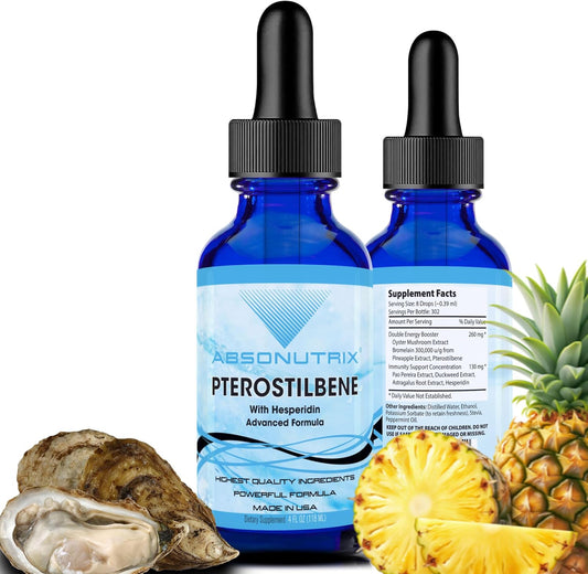 Premium Absonutrix Pterostilbene with Hesperidin Liquid - 390mg, 4oz - 300 Servings - USA Made - Fast Absorption - Non-GMO - GMP Certified - Cruelty-Free