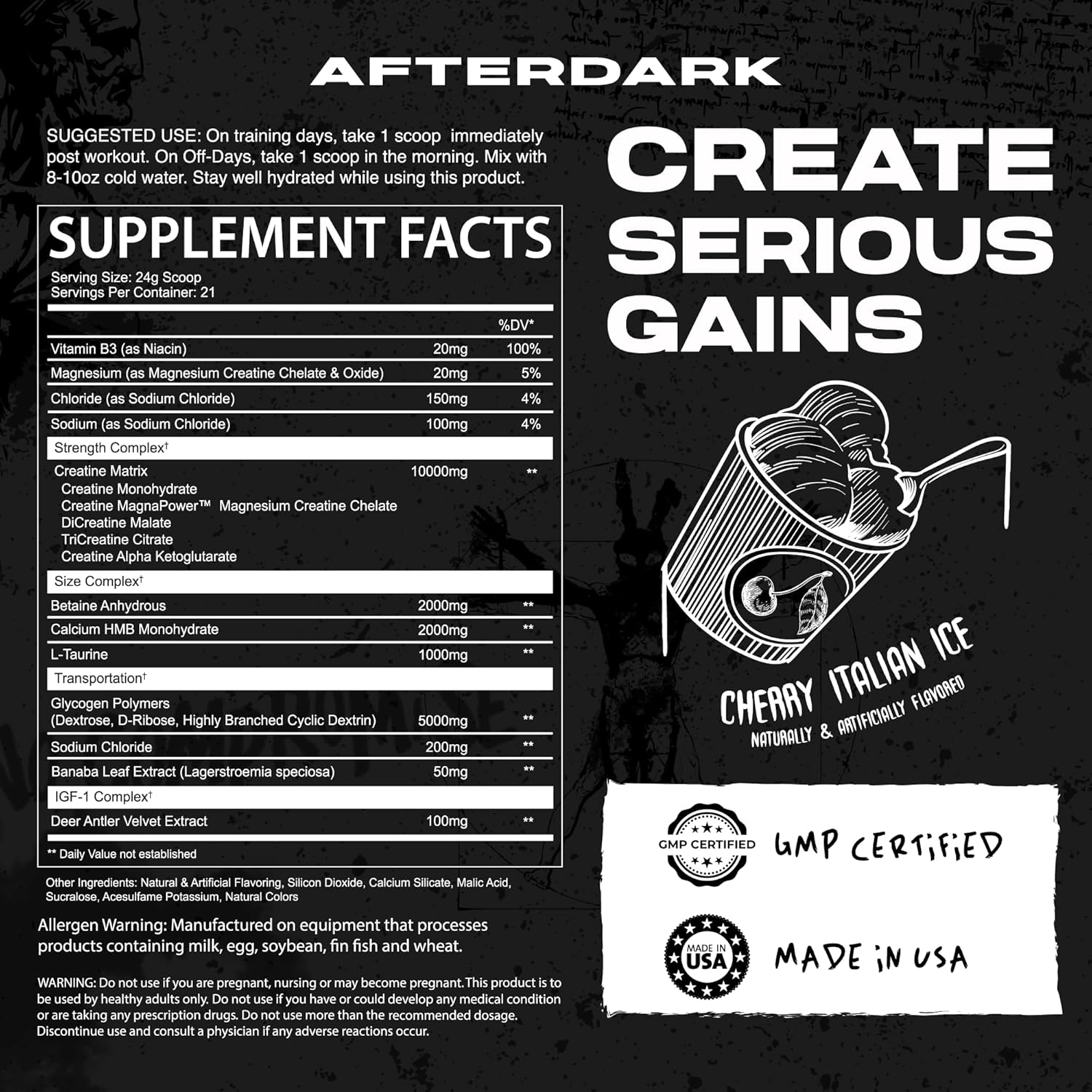 Premium AfterDark Creatine Monohydrate Powder - 10000mg Blend for Power & Muscle Growth - GMP Certified, Made in USA - Cherry Italian Ice Flavor - 21 Servings