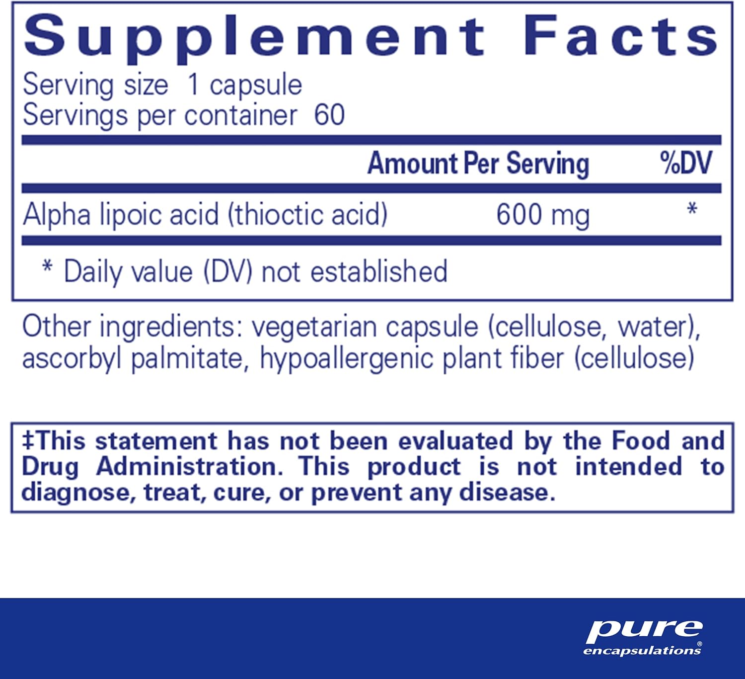 Premium Alpha Lipoic Acid 600mg Capsules - Liver, Antioxidant, Nerve, Cardio & Carb Support - Pure Encapsulations