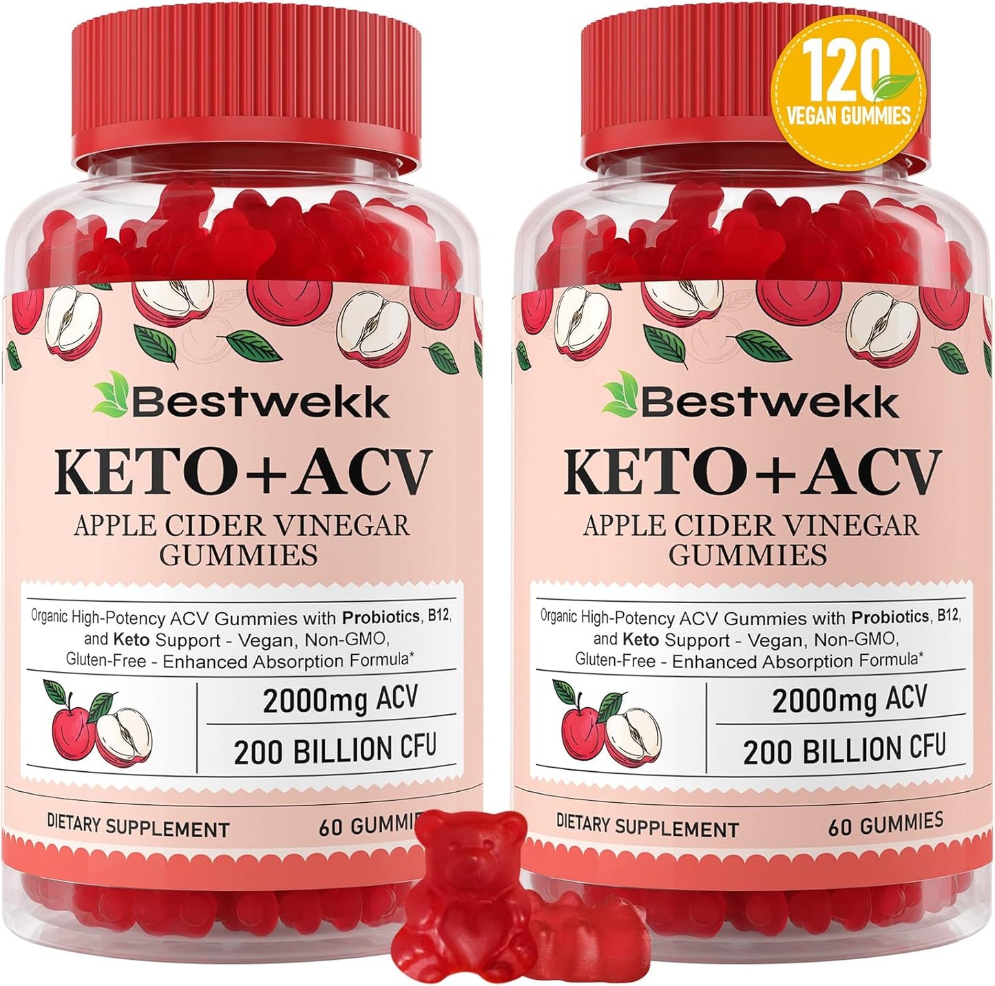 Premium Apple Cider Vinegar Gummies with Probiotics, B12, and Keto Support - 2000mg Max Strength for Digestion, Metabolism, Detox, Gut & Immune Health - Non-GMO, Gelatin-Free - 120 Keto ACV Gummies