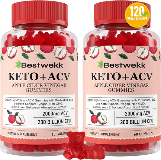 Premium Apple Cider Vinegar Gummies with Probiotics, B12, and Keto Support - 2000mg Max Strength for Digestion, Metabolism, Detox, Gut & Immune Health - Non-GMO, Gelatin-Free - 120 Keto ACV Gummies