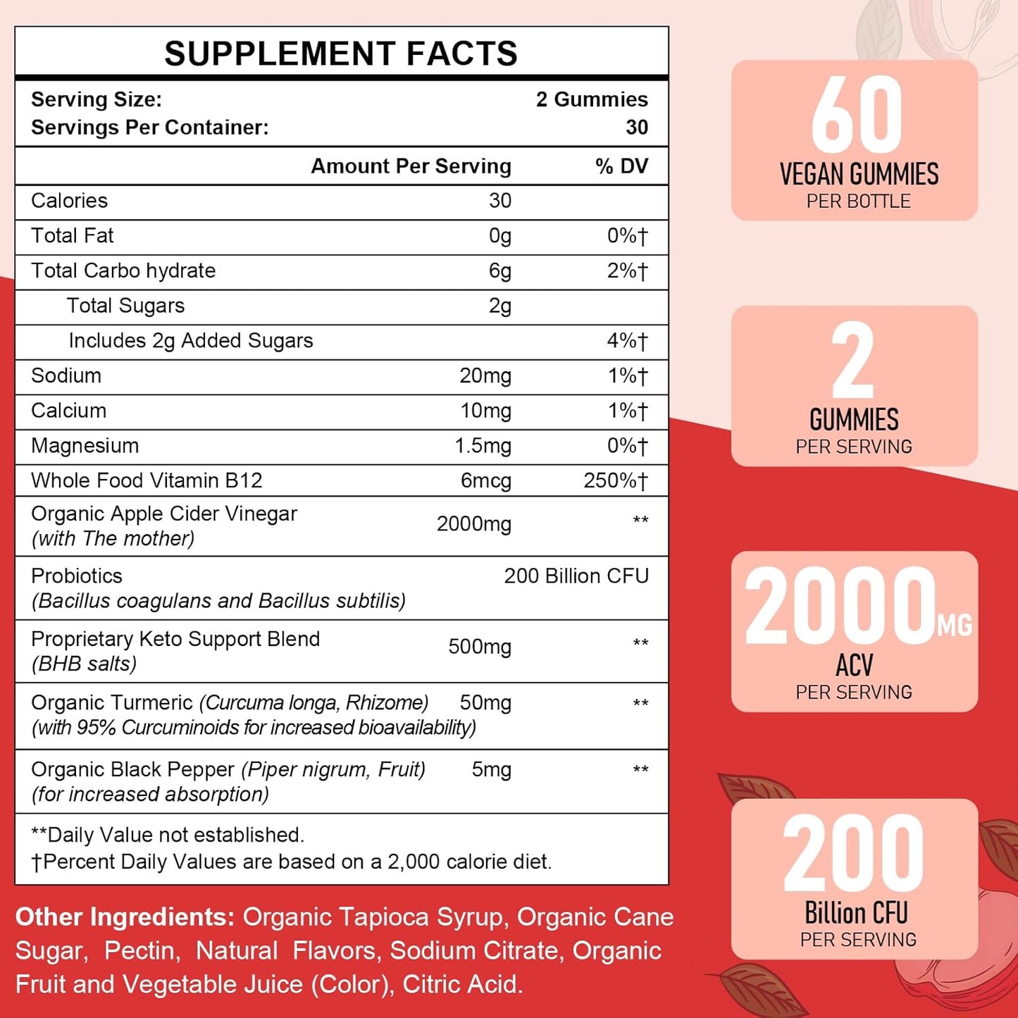 Premium Apple Cider Vinegar Gummies with Probiotics, B12, and Keto Support - 2000mg Max Strength for Digestion, Metabolism, Detox, Gut & Immune Health - Non-GMO, Gelatin-Free - 120 Keto ACV Gummies