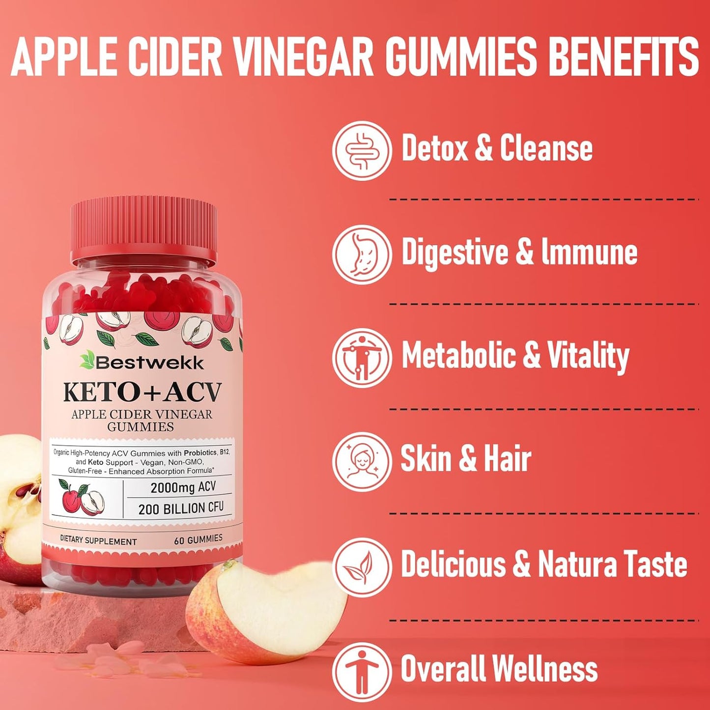 Premium Apple Cider Vinegar Gummies with Probiotics, B12, and Keto Support - 2000mg Max Strength for Digestion, Metabolism, Detox, Gut & Immune Health - Non-GMO, Gelatin-Free - 120 Keto ACV Gummies