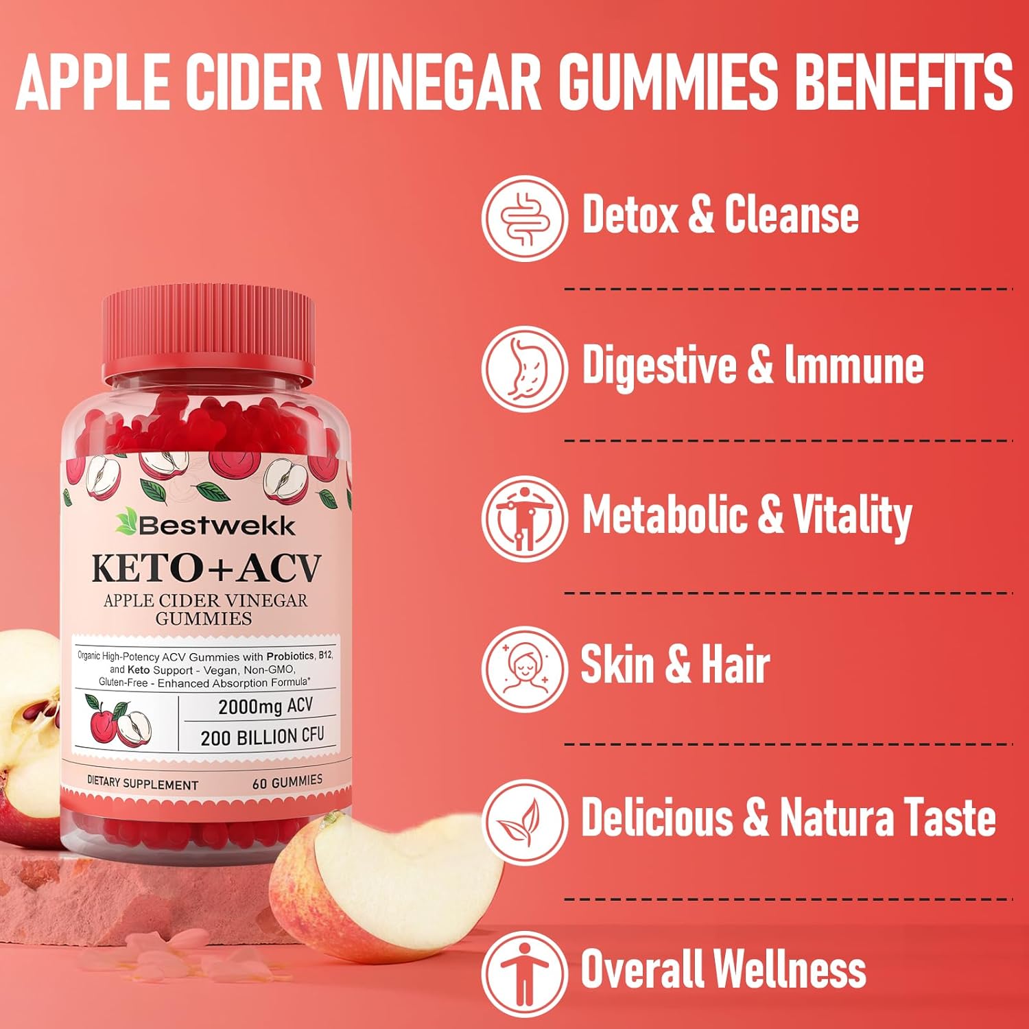 Premium Apple Cider Vinegar Gummies with Probiotics, B12, and Keto Support - 2000mg Max Strength for Digestion, Metabolism, Detox, Gut & Immune Health - Non-GMO, Gelatin-Free - 120 Keto ACV Gummies