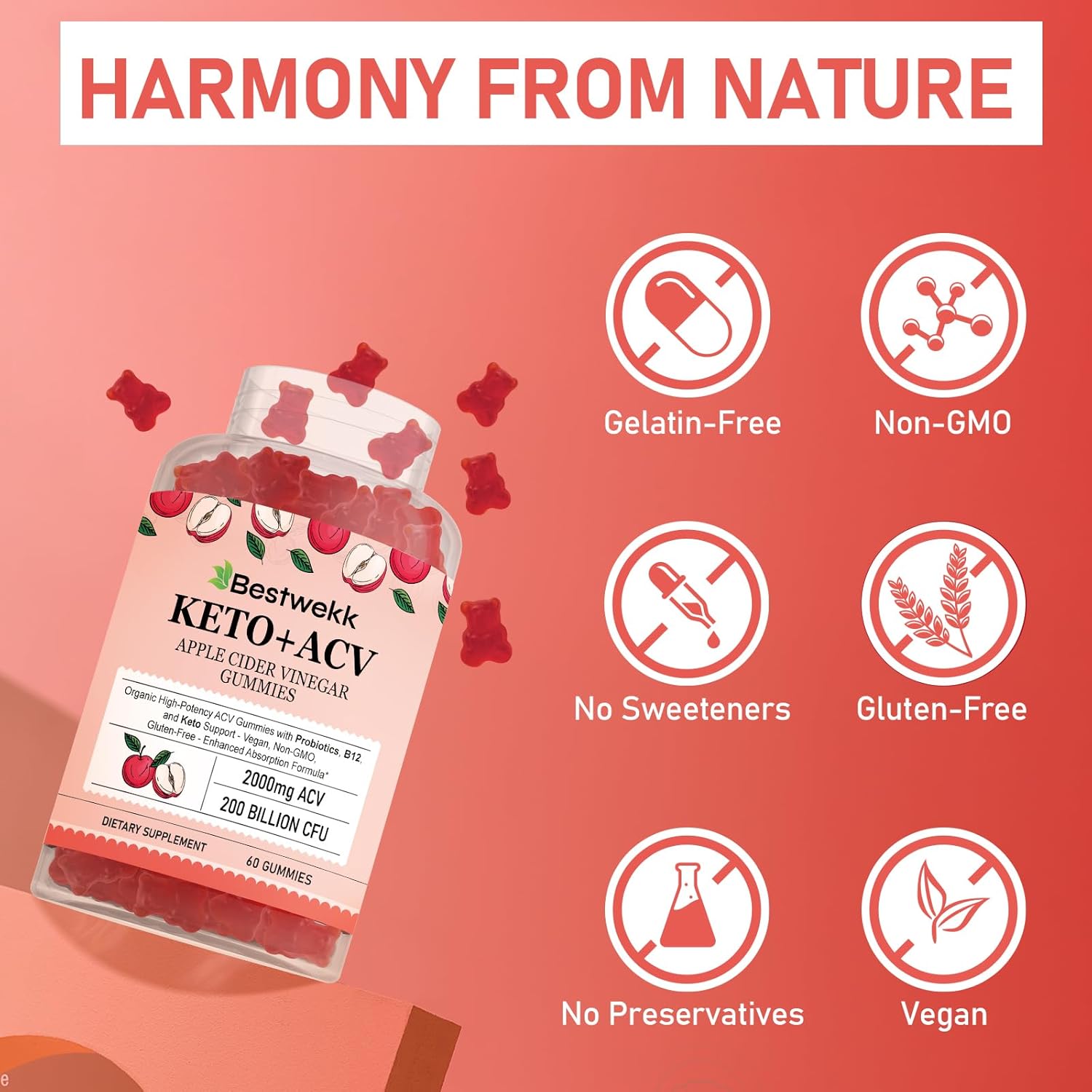Premium Apple Cider Vinegar Gummies with Probiotics, B12, and Keto Support - 2000mg Max Strength for Digestion, Metabolism, Detox, Gut & Immune Health - Non-GMO, Gelatin-Free - 120 Keto ACV Gummies