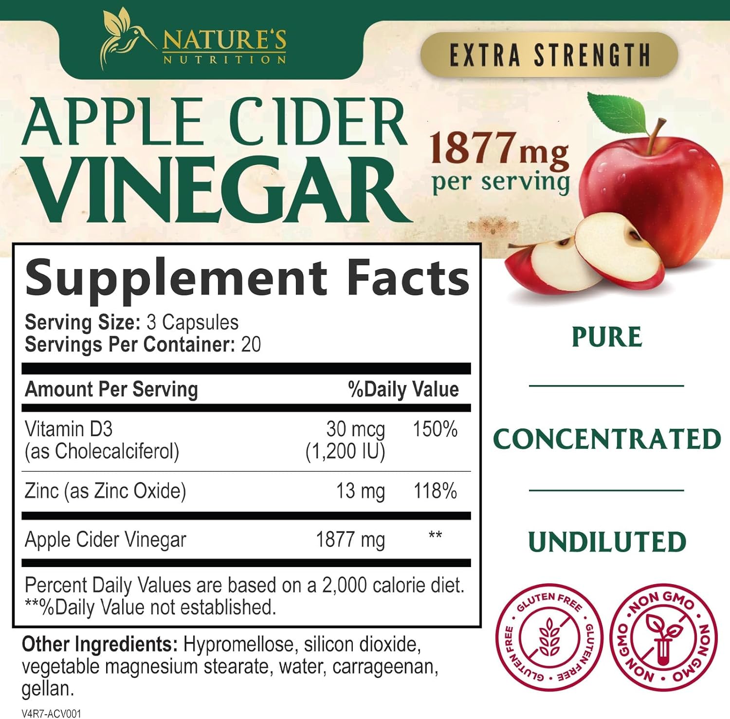 Premium Apple Cider Vinegar Pills with Vitamin D3 & Zinc - 1877mg per serving - Supports Detox, Cleanse, Joint Health, Immunity, and Digestion - Gluten Free - 60 Capsules