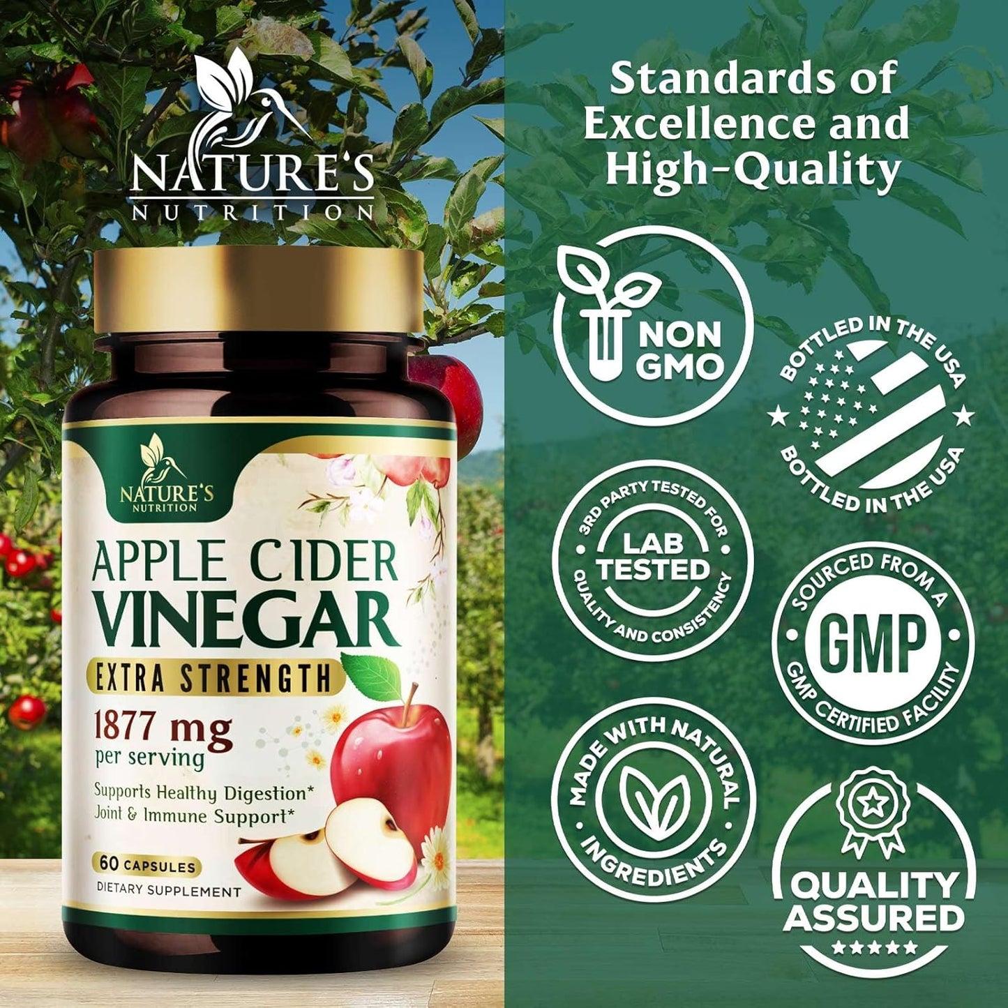 Premium Apple Cider Vinegar Pills with Vitamin D3 & Zinc - 1877mg per serving - Supports Detox, Cleanse, Joint Health, Immunity, and Digestion - Gluten Free - 60 Capsules