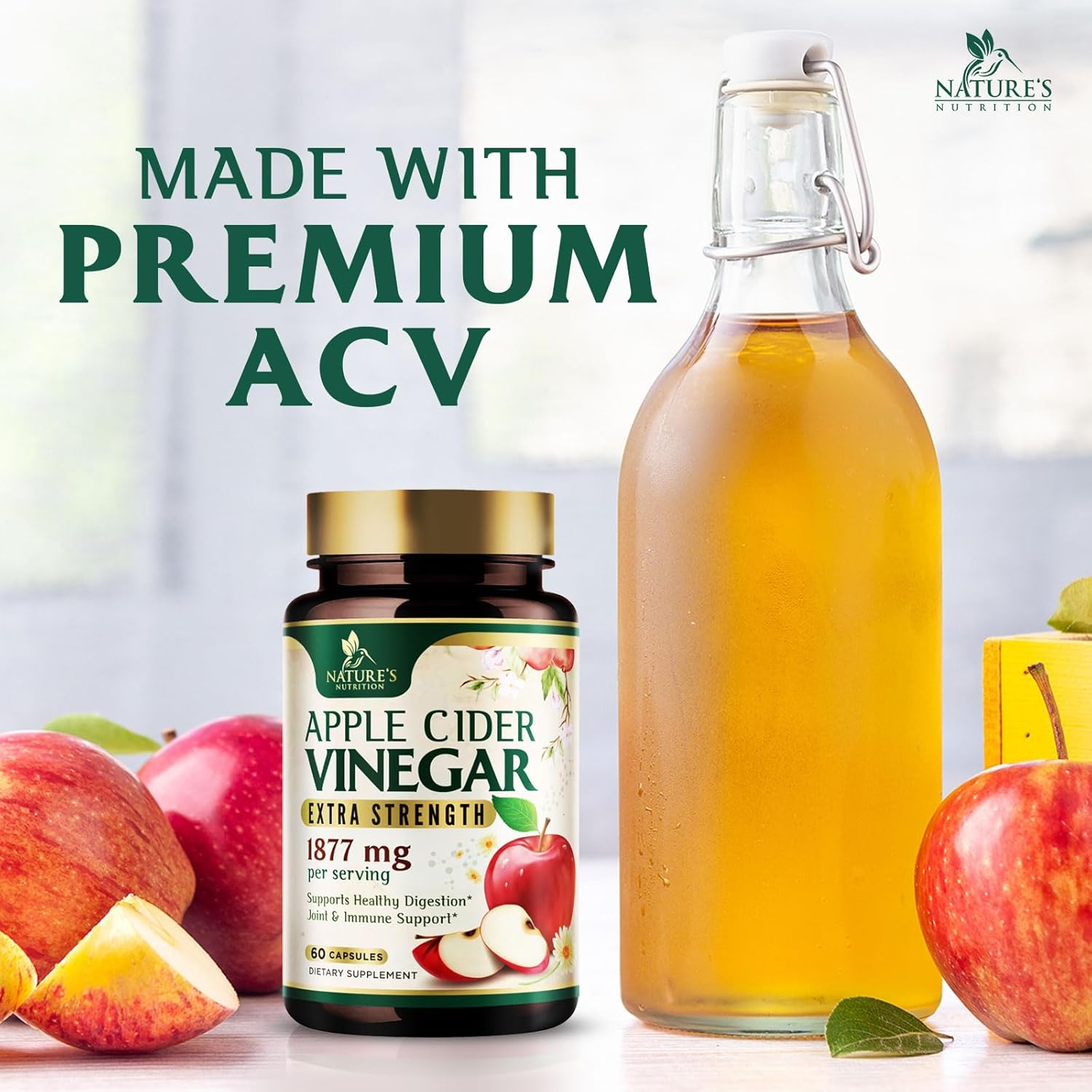 Premium Apple Cider Vinegar Pills with Vitamin D3 & Zinc - 1877mg per serving - Supports Detox, Cleanse, Joint Health, Immunity, and Digestion - Gluten Free - 60 Capsules