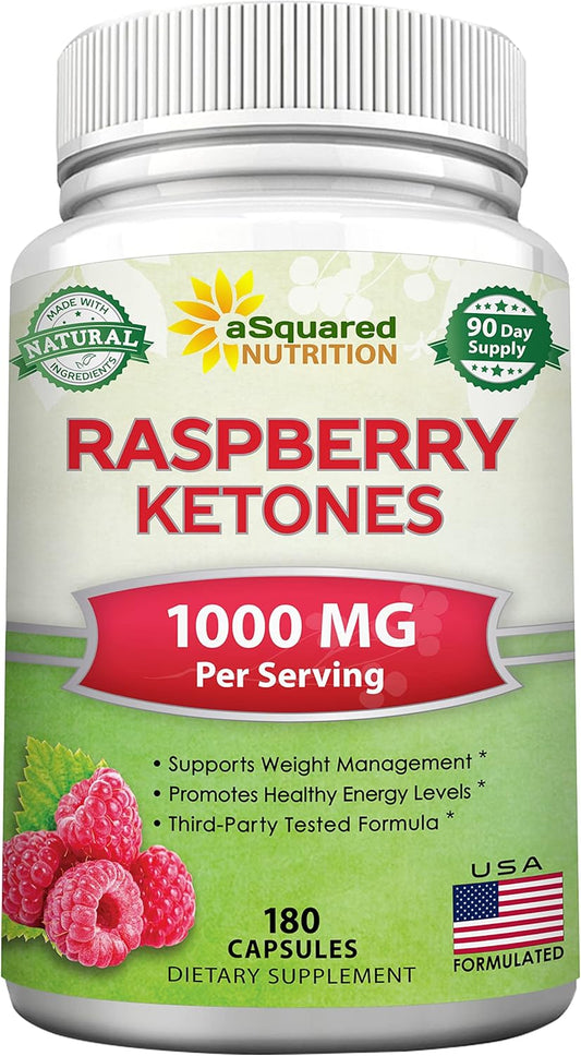 Premium aSquared Nutrition Raspberry Ketones 1000mg for Weight Loss - 180 Capsules - Appetite Suppressant & Energy Booster