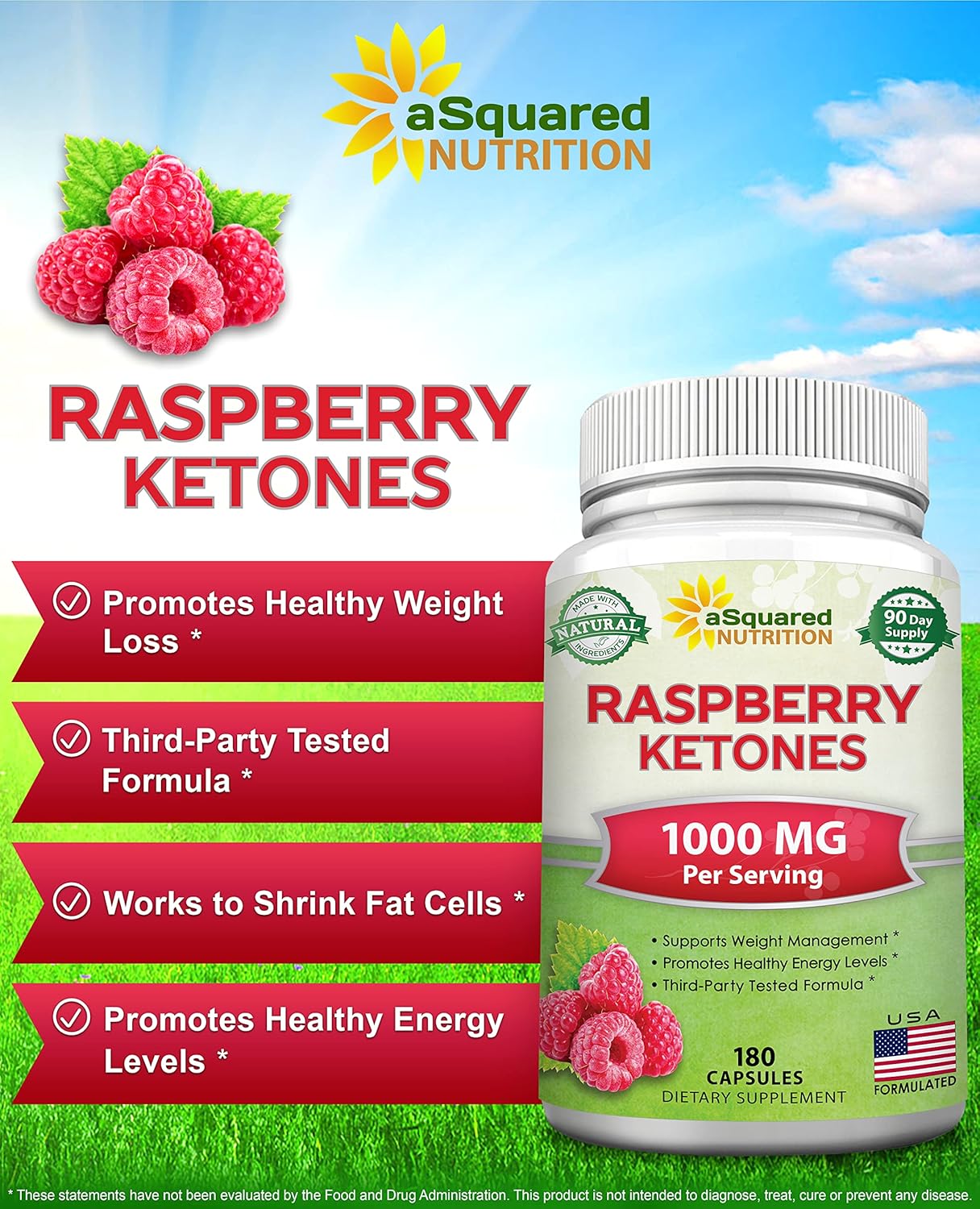 Premium aSquared Nutrition Raspberry Ketones 1000mg for Weight Loss - 180 Capsules - Appetite Suppressant & Energy Booster