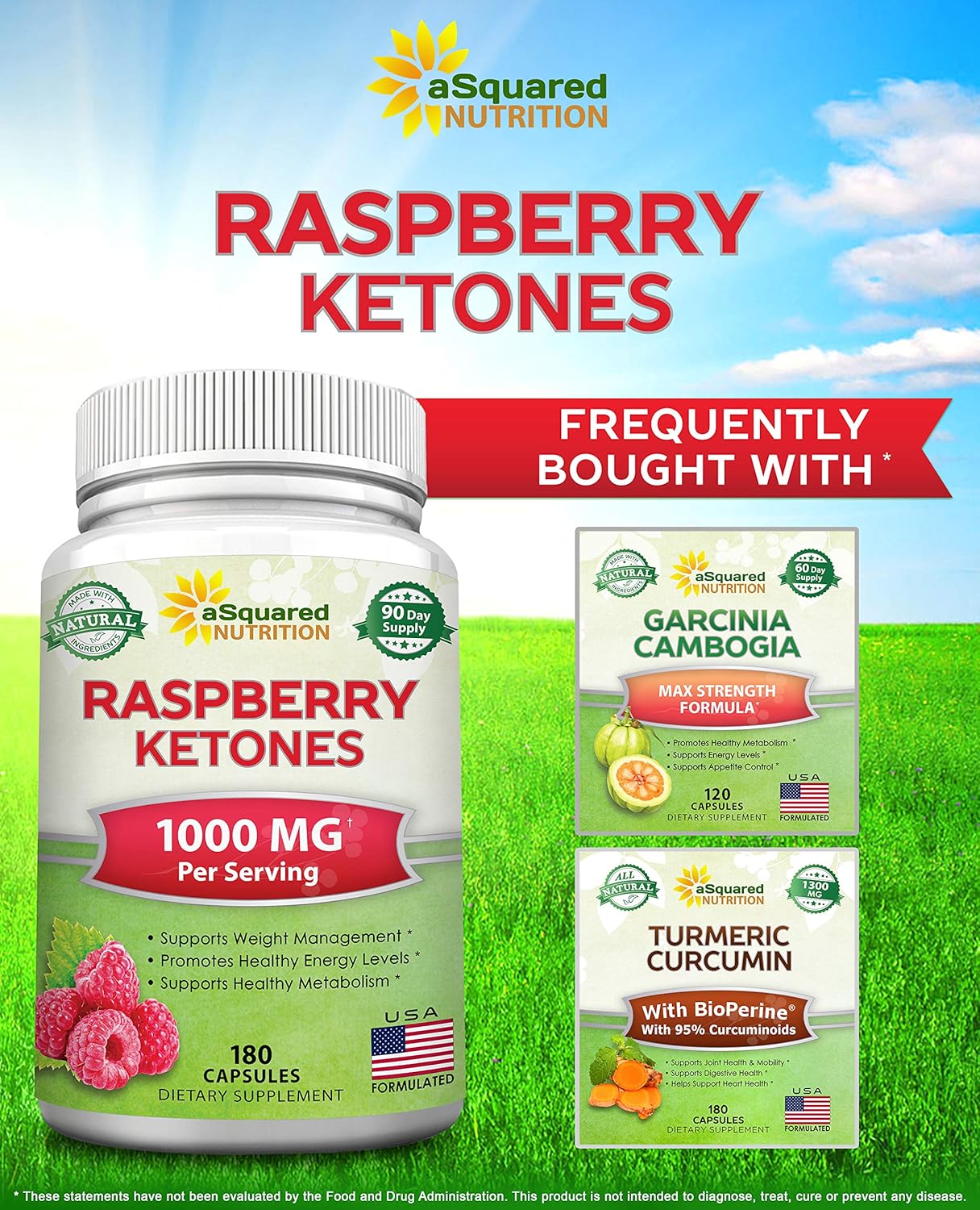 Premium aSquared Nutrition Raspberry Ketones 1000mg for Weight Loss - 180 Capsules - Appetite Suppressant & Energy Booster