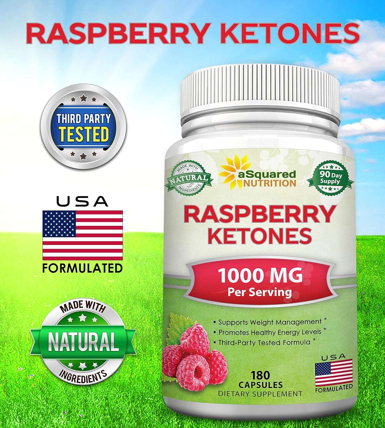 Premium aSquared Nutrition Raspberry Ketones 1000mg for Weight Loss - 180 Capsules - Appetite Suppressant & Energy Booster