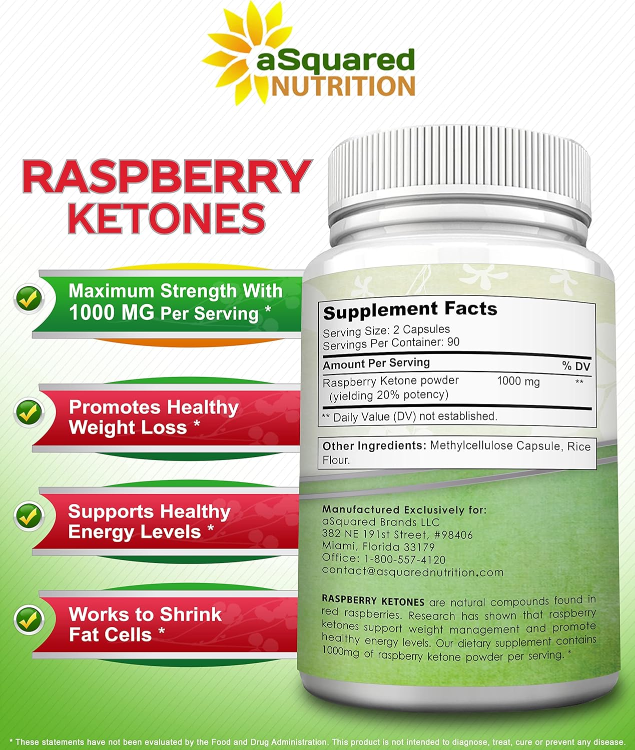 Premium aSquared Nutrition Raspberry Ketones 1000mg for Weight Loss - 180 Capsules - Appetite Suppressant & Energy Booster