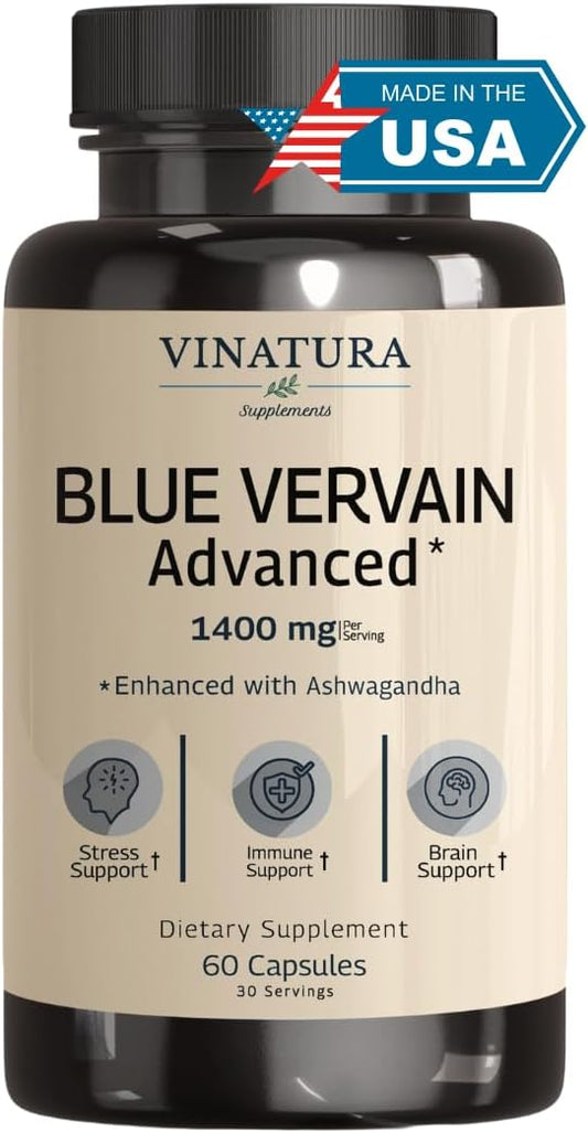 Premium Blue Vervain & Ashwagandha Capsules - 1400mg per serving, Brain Health & Stress Relief Support, 60 Count