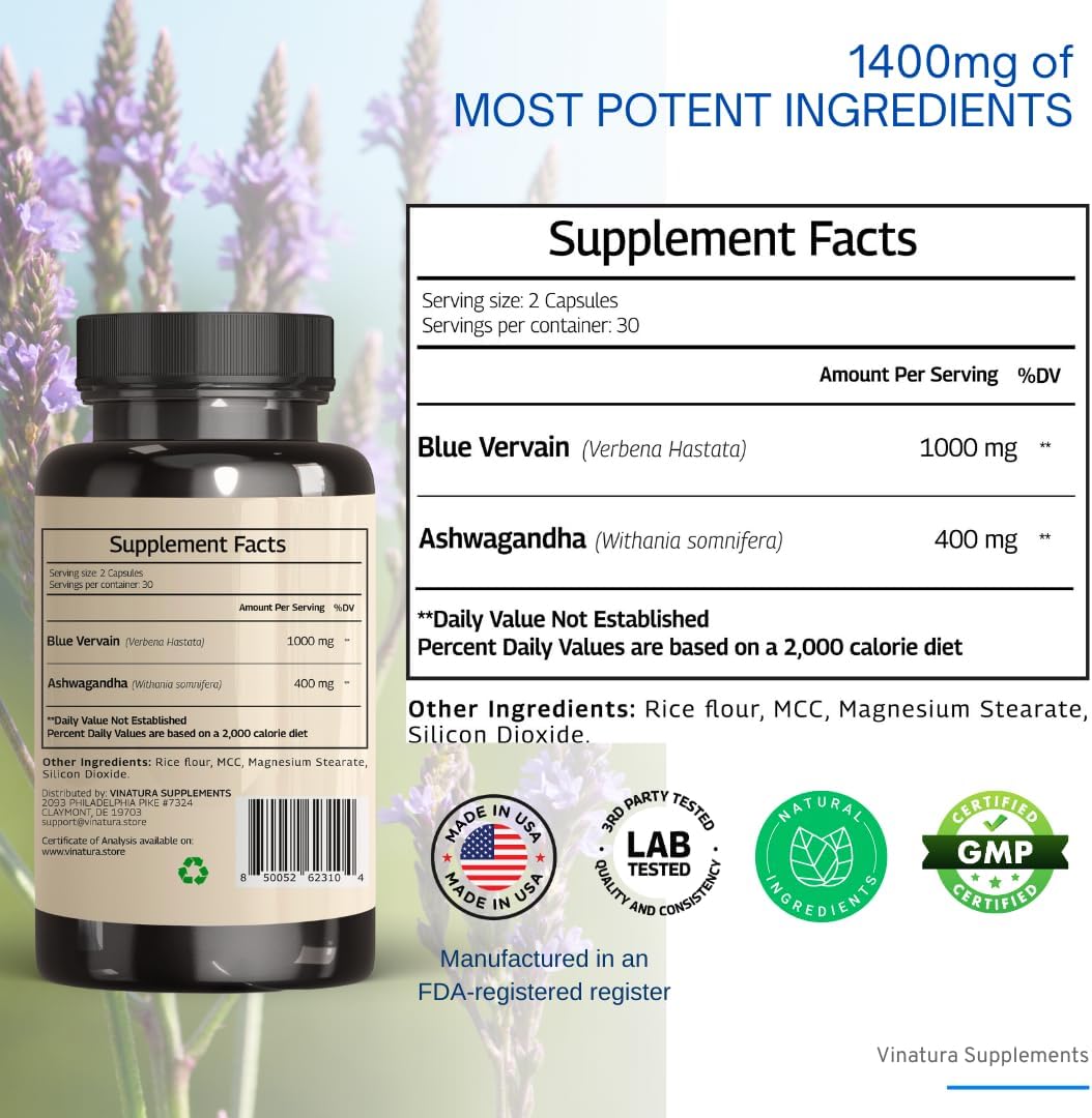 Premium Blue Vervain & Ashwagandha Capsules - 1400mg per serving, Brain Health & Stress Relief Support, 60 Count