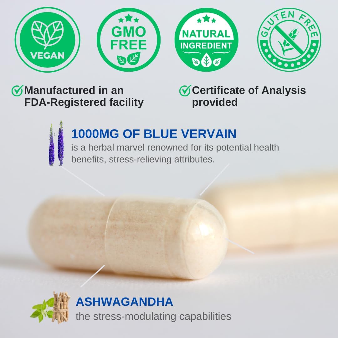 Premium Blue Vervain & Ashwagandha Capsules - 1400mg per serving, Brain Health & Stress Relief Support, 60 Count