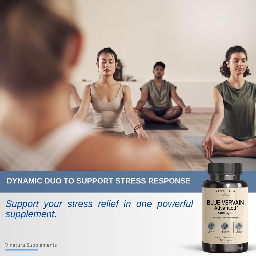Premium Blue Vervain & Ashwagandha Capsules - 1400mg per serving, Brain Health & Stress Relief Support, 60 Count