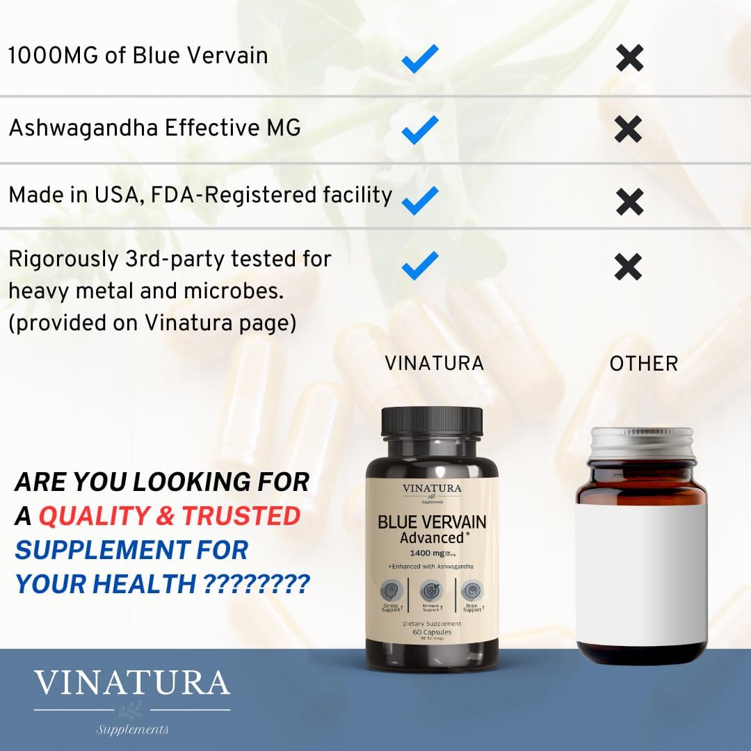 Premium Blue Vervain & Ashwagandha Capsules - 1400mg per serving, Brain Health & Stress Relief Support, 60 Count