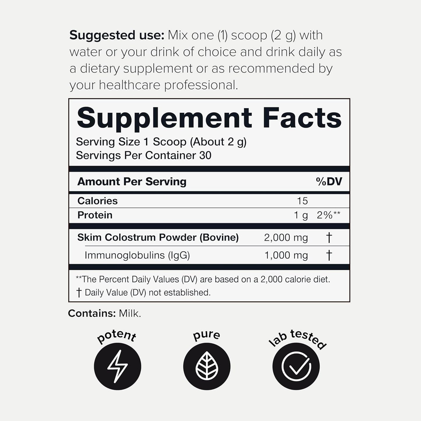 Premium Bovine Colostrum Powder with 50% IgG - 2,000mg per Serving - Immune, Gut, Skin Health Support - Third Party Tested - 30 Servings