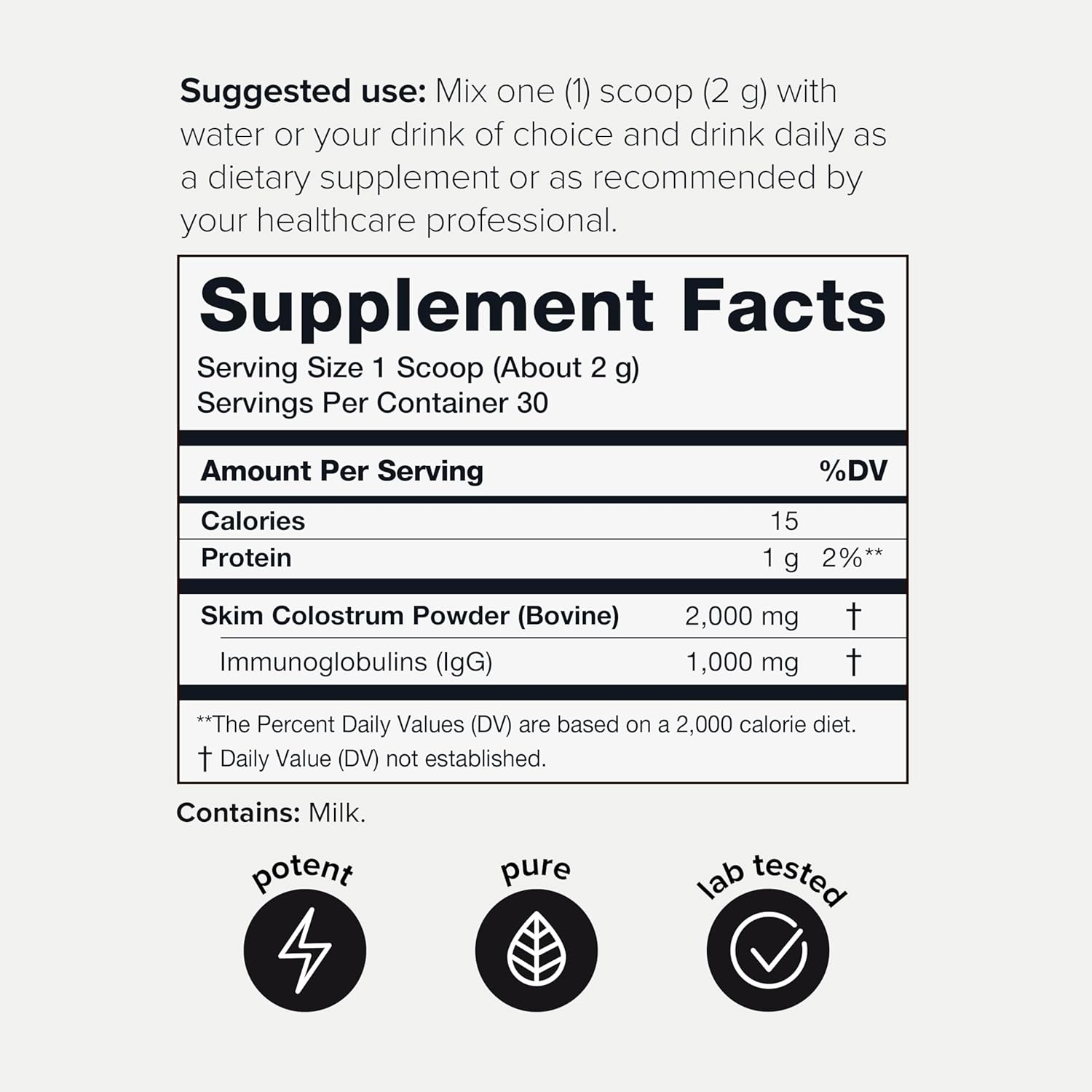 Premium Bovine Colostrum Powder with 50% IgG - 2,000mg per Serving - Immune, Gut, Skin Health Support - Third Party Tested - 30 Servings